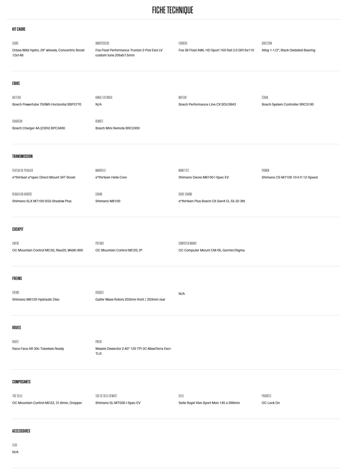 Caracteristique technique du Vélo électrique Wild ST H20 année 2026
